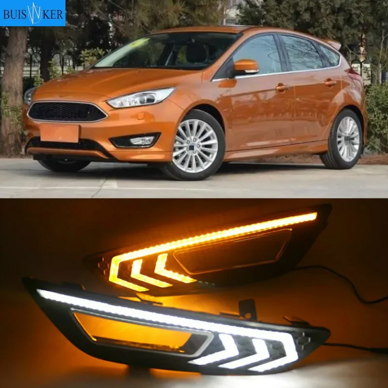 

2 шт. для Ford Focus 3 mk3 2015 2016 2017 2018 светодиодные DRL дневные ходовые огни дневного света с желтым сигналом противотуманные фары