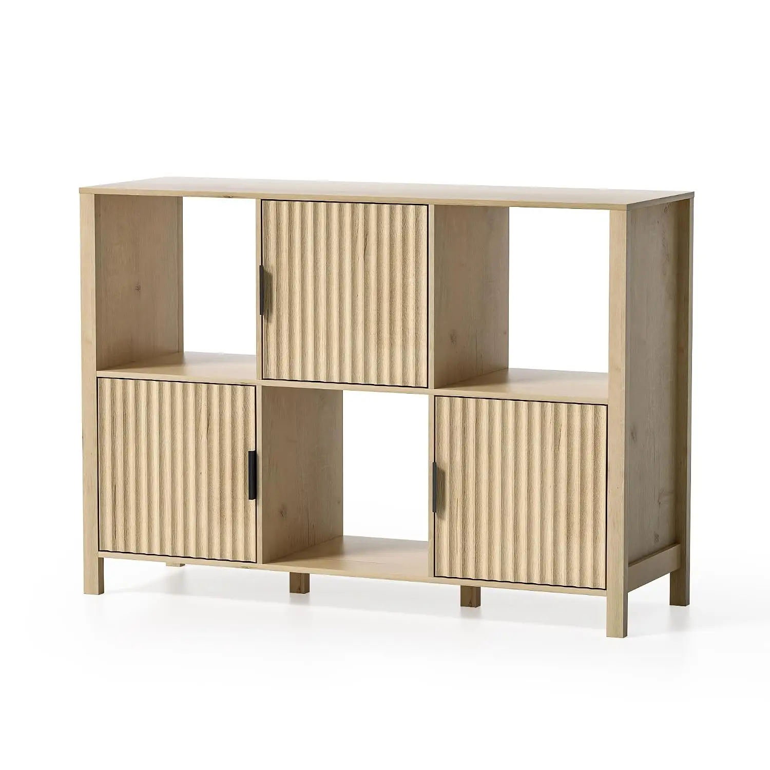 Fluted Cube Storage Bookshelf with 3 Open Shelves & 3 Door Cabinets for Bedroom Living Room Office, Light Oak, Customized
