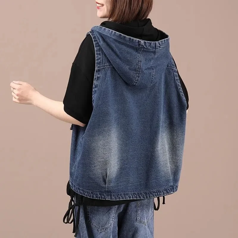 Casual Boyfriend Hooded Denim Vest Women Oversize Loose Sleeveless Jean Jackets 2023 Summer Streetwear Pocket Cowboy Clothes