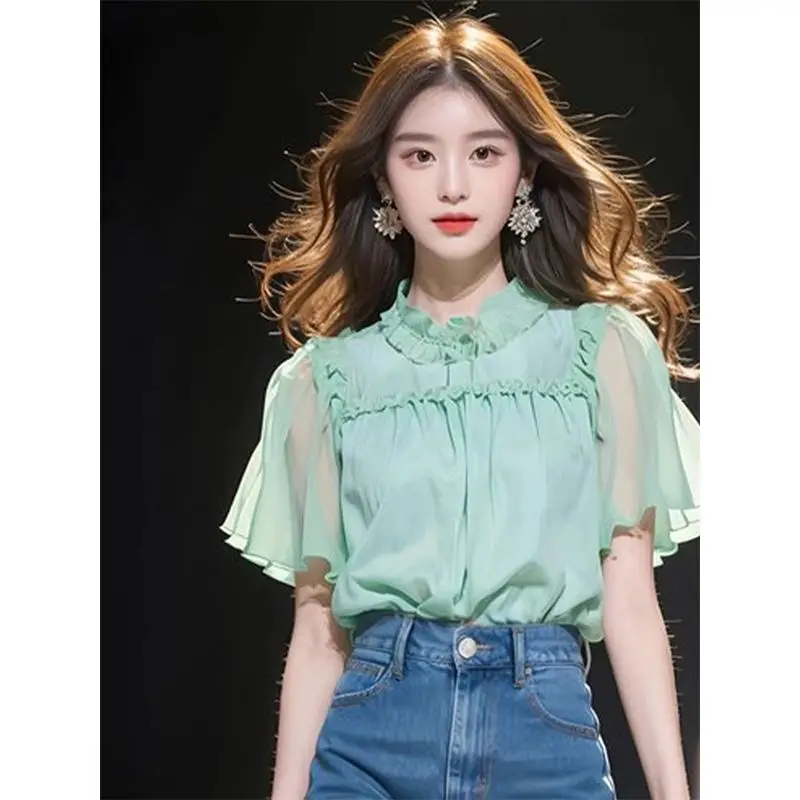 French Top 2025 Summer New Style Mint Green Ruffled Chiffon Short-sleeved Shirt