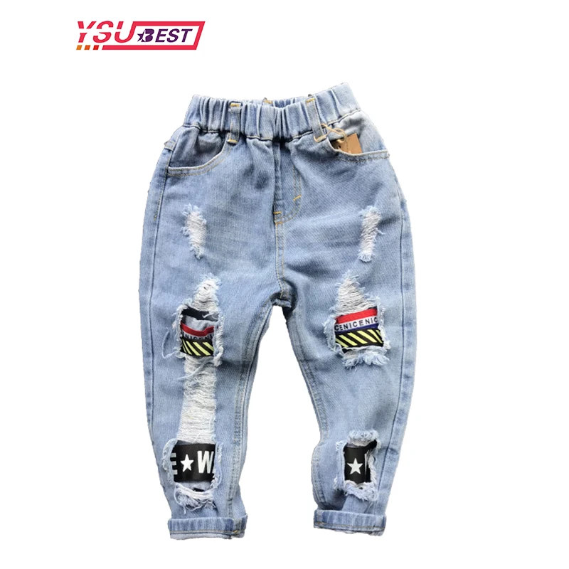 Boys Jeans Fashion Hole New Children Straight Cylinder Casual Jeans Spring Autumn Korean Style Elastic Waist Kids 3-8Ys Trousers