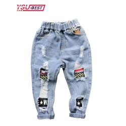 Boys Jeans Fashion Hole New Children Straight Cylinder Casual Jeans Spring Autumn Korean Style Elastic Waist Kids 3-8Ys Trousers