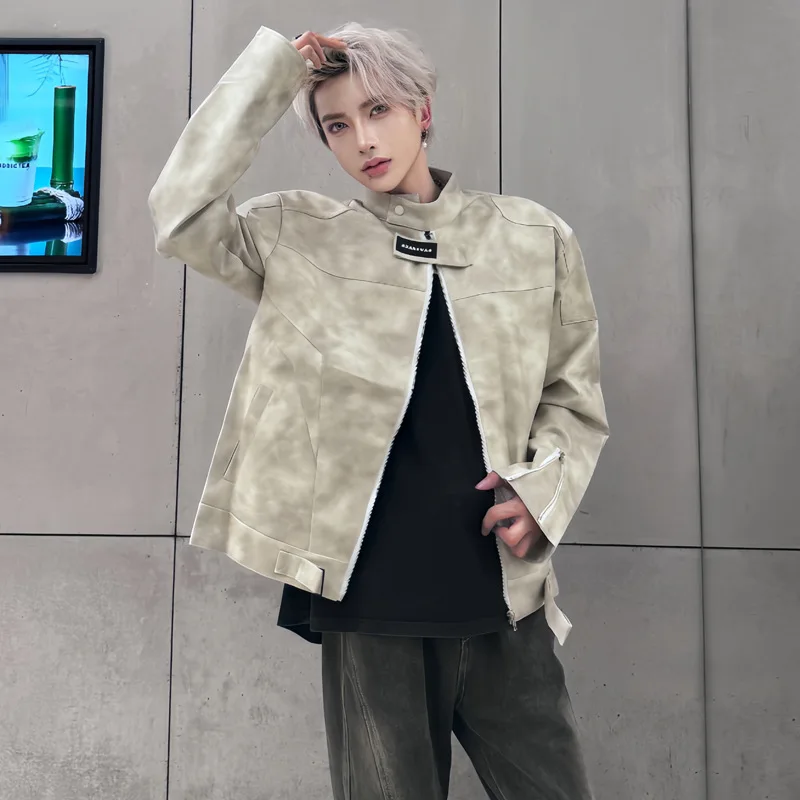 

2025 new tie dye leather coat men's high-grade autumn wear jacket short shoulder pad motorcycle wind baseball jacket