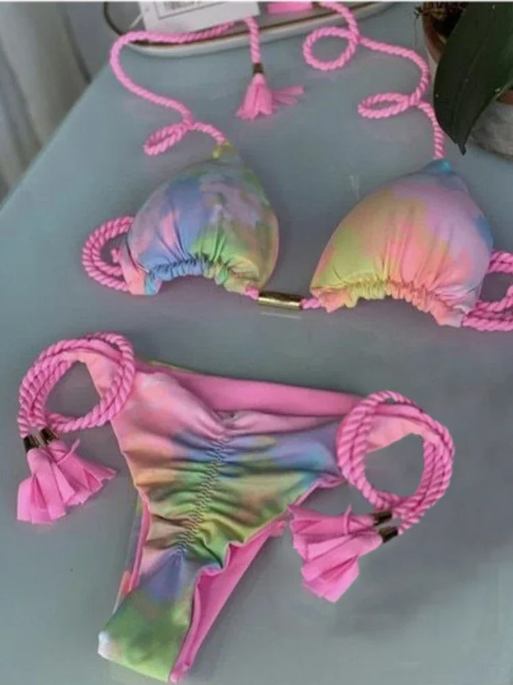 Swimwear Women Sexy Zebra Striped Bathing Suit Leopard Printed Bikini Set Tie Dye Two-piece Drawstring Beachwear Biquinis