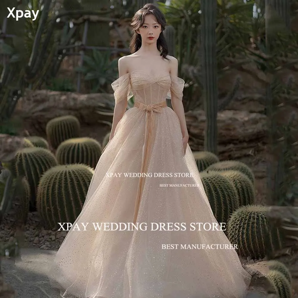 

XPAY Sweetheart Champagne Sparkly A Line Evening Dresses Shiny Sequin Korean Photos Shoot Bow Corset Custom Formal Party Dress