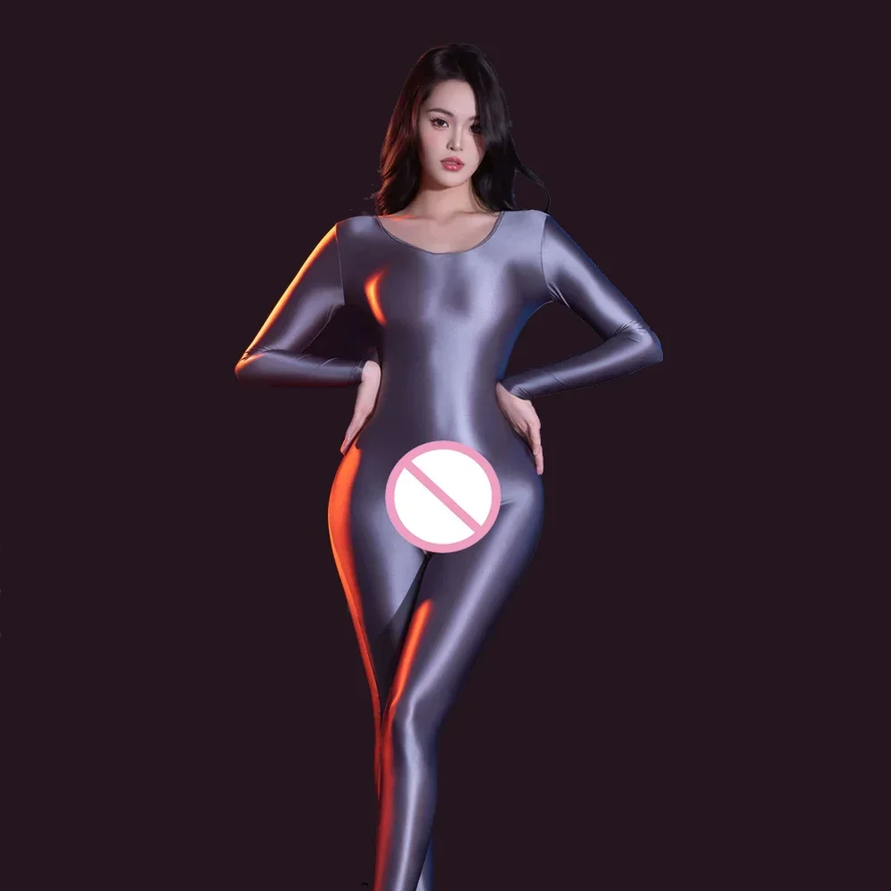 Women's Satin Shiny Nightclub Party Jumpsuit High Elastic Shaping Wear Open Crotch Full Bodysuit Woman Fashion Maid Leotard