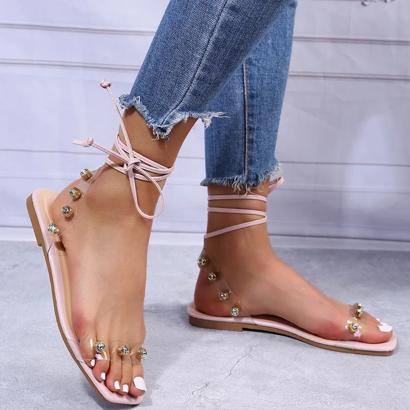 

Large Size Women's Shoes 2022 Summer New Style Women's Outdear Rhinestone Strap Winding Sandals Slippers Women's Flat Shoes