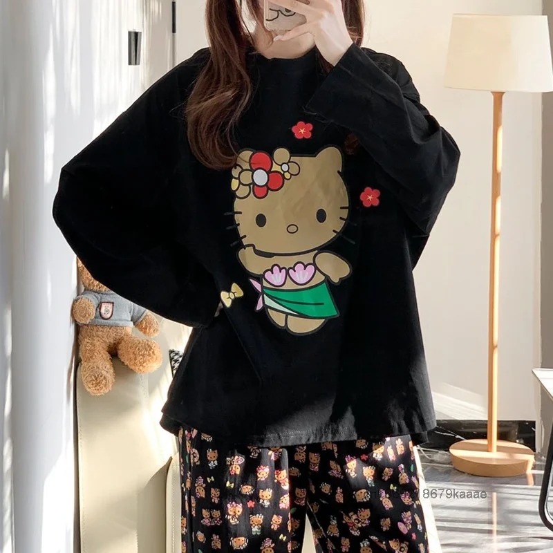 Sanrio Hello Kitty Cute Printed Long Sleeved Sleepwear Women\'s Spring Autumn Home Wear Japanese Style Fashion Casual Pajamas Set