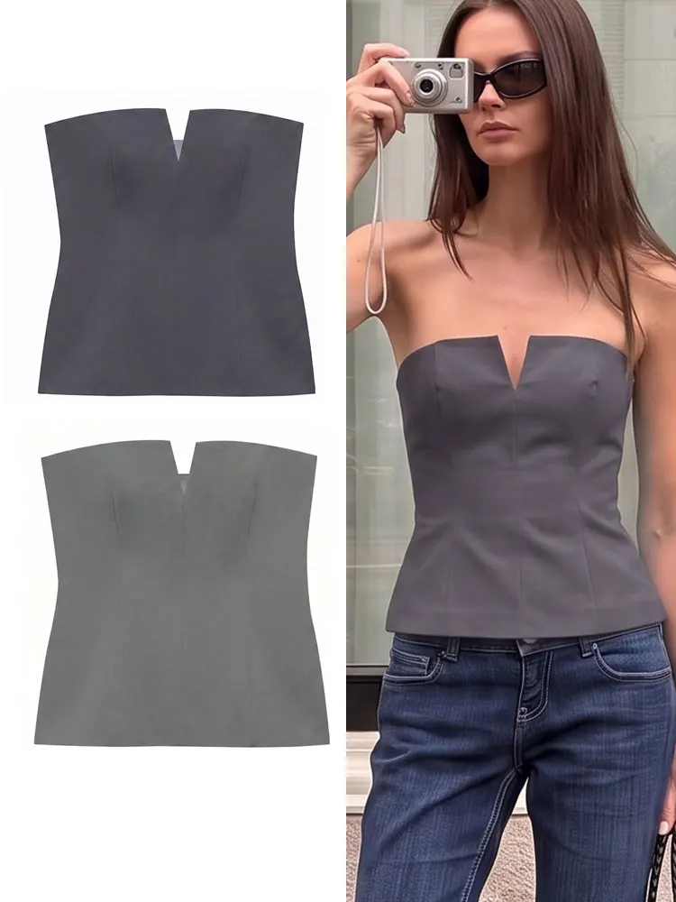 HH Womens Elegant Front Small V Notch Cut Fashion Summer Beach Vacation Tube Top Backless Sleeveless Solid Casual Party Slim Top