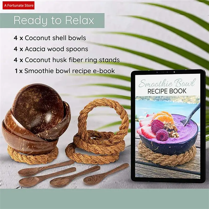 

Coconut Bowls With Spoons & Stands - Set Of 8 Coconut Shell Bowls + Wooden Spoons & No-Wobble Holders For Salad-A78G