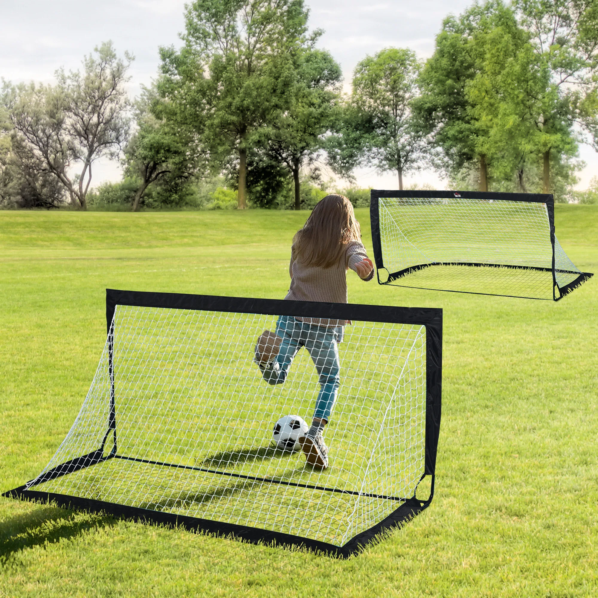 Ensemble de 2 mini-buts de football pliables, 186x90x89 cm, structure en acier thermolaqué avec filet en tétrolon noir, portables pour le jardin, la cour de jeux et l'entraînement en extérieur