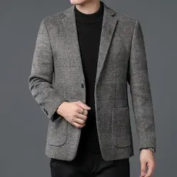 2023 Autumn Winter Men Classic Plaid Sheep Wool Blazers Male Grey Coffee Checked Pattern Cashmere Blended Suit Jackets Outfits