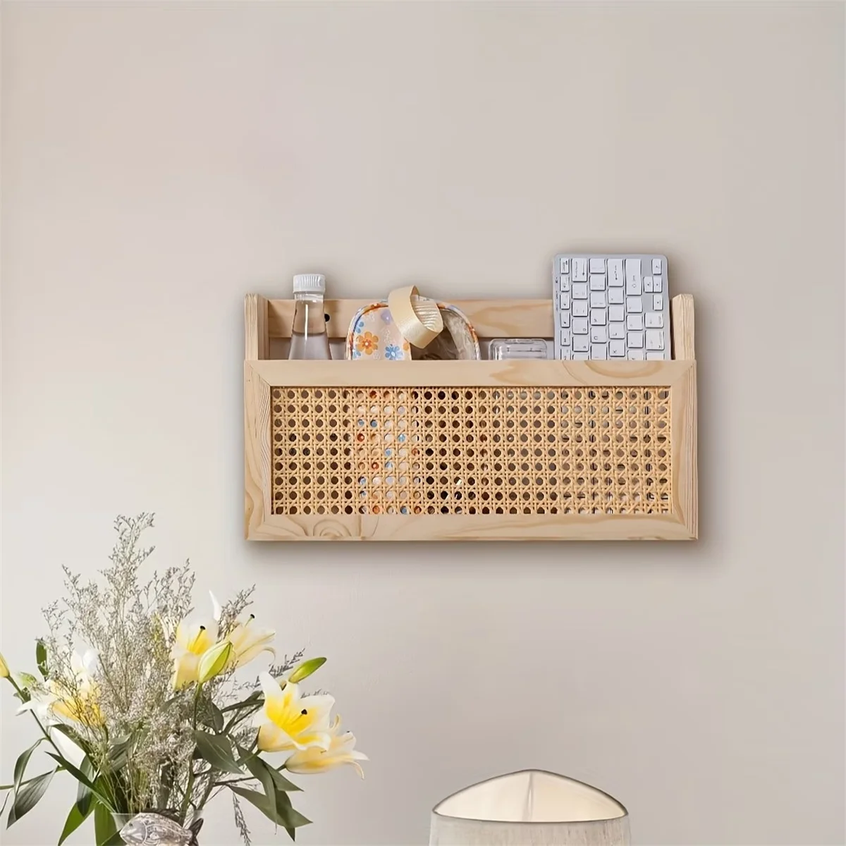 1pc Rustic Style Wall Decor Storage Box Wall Mounted Wooden Magazine Holder Featuring Woven Rattan Details Perfect for Organizer