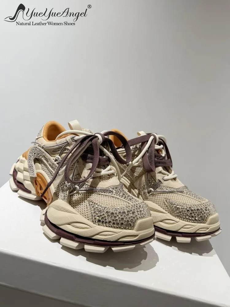 

Модные женские туфли на толстой платформе из коровьей кожи с сетчатыми вставками и стразами, с круглым носком, на шнуровке, увеличивающие рост, на высоком каблуке