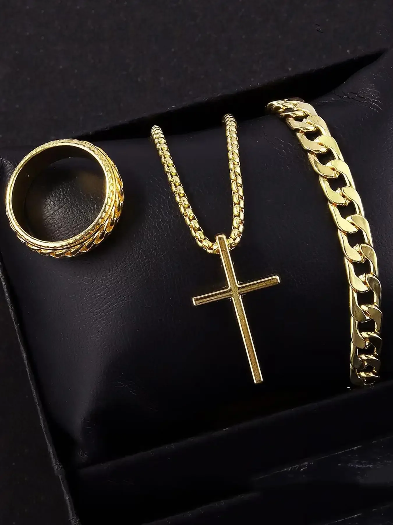 3 قطعة مجموعة الرجال الفولاذ المقاوم للصدأ المعادن الصليب سلسلة بدلاية قلادة سوار خاتم مجموعة الذكور الهيب هوب ارتداء اليومي الملحقات