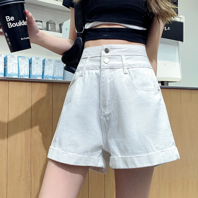 

2024 Summer Woman High Waist Denim Shorts Loose A-line Wide-leg Jeans Female Solid Fashion Casual Shorts with Buttons Streetwear