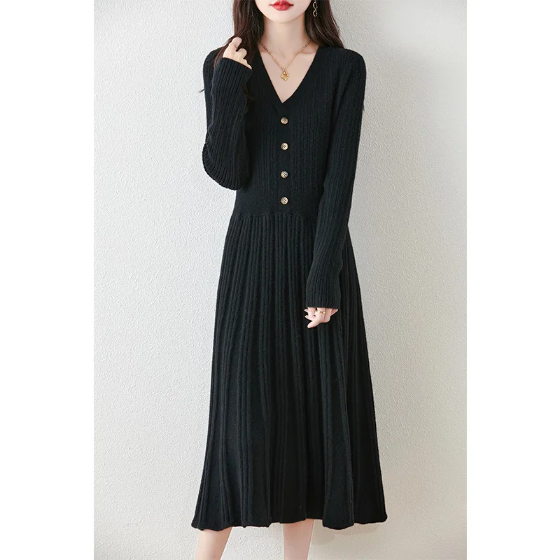 V-Neck Button 100% Wool Dress For Women Autumn Winter Warm And Elegant Pullover Solid Color French Fashion Slim Fit Knit Sweater