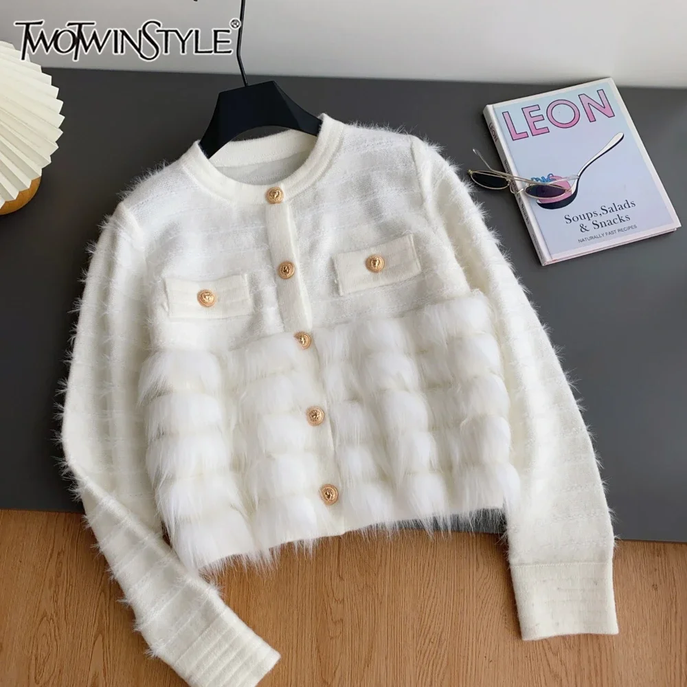 

TWOTWINSTYLE Solid Luxury Style Jackets for Women O Neck Long Sleeve Spliced Button Temperament Coats Female Fashion KJA522416