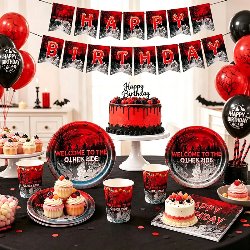 Stranger Things Tischdecke, Tasse, Serviette, Happy Birthday Banner, Ballon, Stranger Things Partydekoration, Einweg-Tischgeschirr-Set – Detail 2