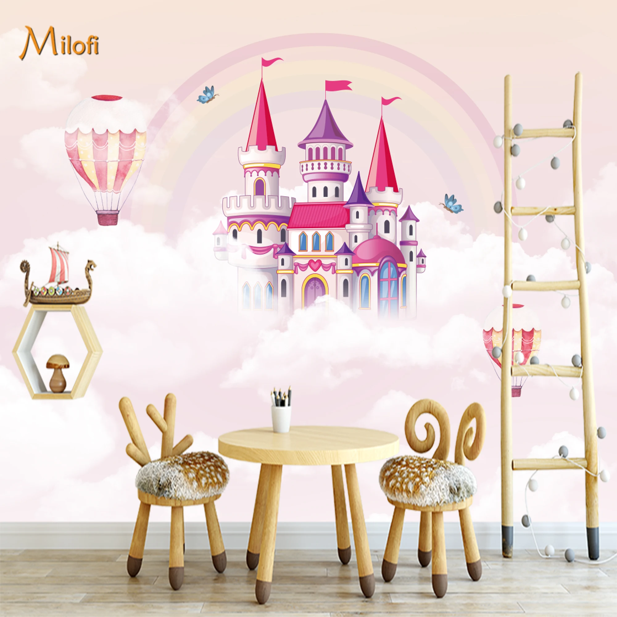 Custom Mural Wallpaper Girls Peel And Stick Wall Princess Castle Hot Air Balloon Rainbow Cloud For Nursery Bedroom Home Decor