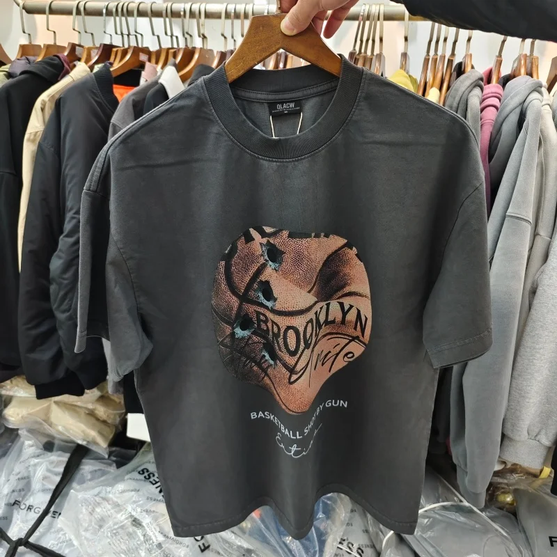 Vintage Washed T-Shirt Men Dark Grey Heavy Cotton Brooklyn Basketball Oversized Tee