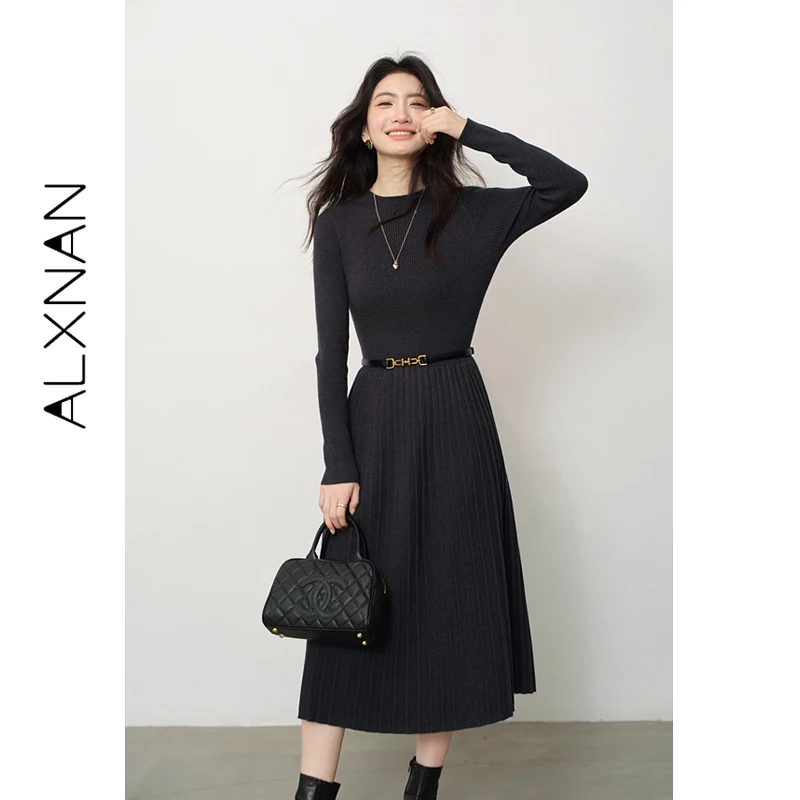 

ALXNAN Long Knitted Dress Women's 2025 Autumn Gray Slim-fit Elegant Dress Fashion Office Lady Basic Dresses L52017