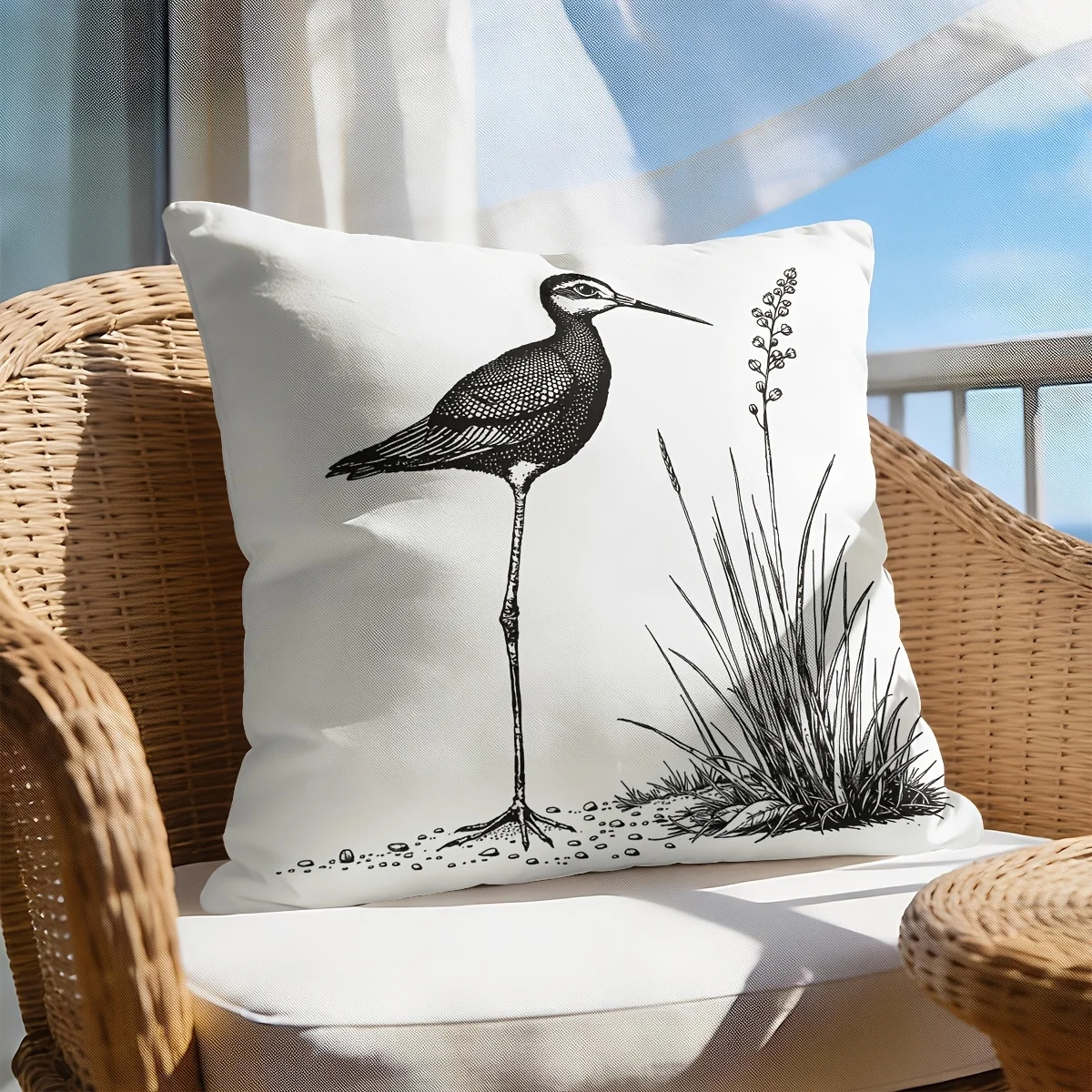 1pc 2D Flat Pillow Not Included Black White Shorebird Botanical Sketch Cushion Cover Plush Minimalist Home Decor Bird Lover Case