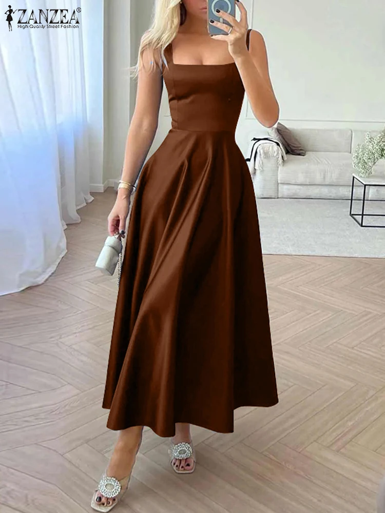 ZANZEA Vintage Women Strapless Dress Sexy Satin Tank Dresses Summer 2025 Square Collar Maxi Vestidos Holiday Waisted Party Robe