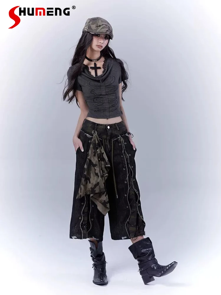 Original Design Hot Girl Street Fashion Strap Seven-point Jeans Spring and Summer New 2026 Clothes Punk Gothic Subculture Pants