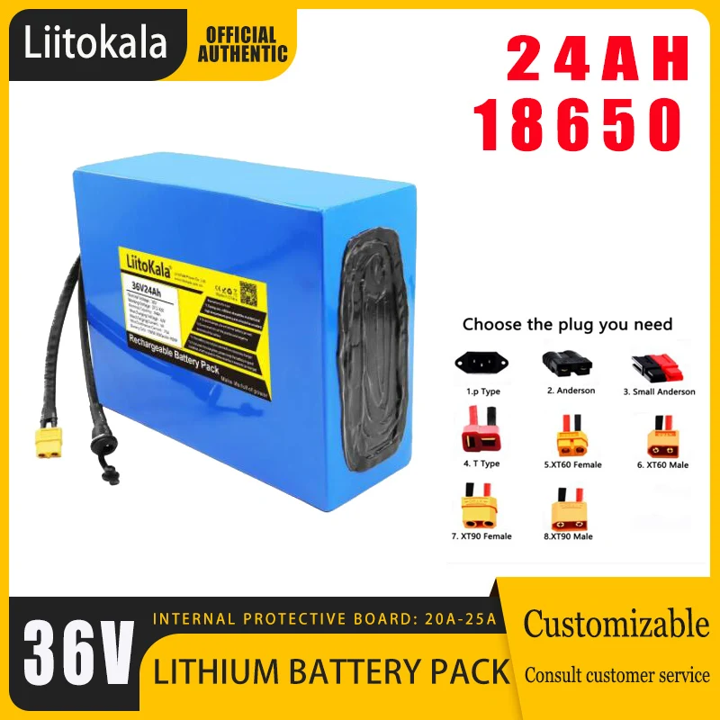 LiitoKala 36V24Ah Electric Bike Battery Built in 20A BMS Lithium Battery Pack 36 Volt with 2A Charge Ebike Battery