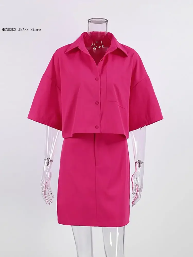Short Sleeved Shirt Jacket, Summer High Waisted A-Line Mini Skirt Set, High Street Women\\\'s Casual Fashion Two-Piece Set