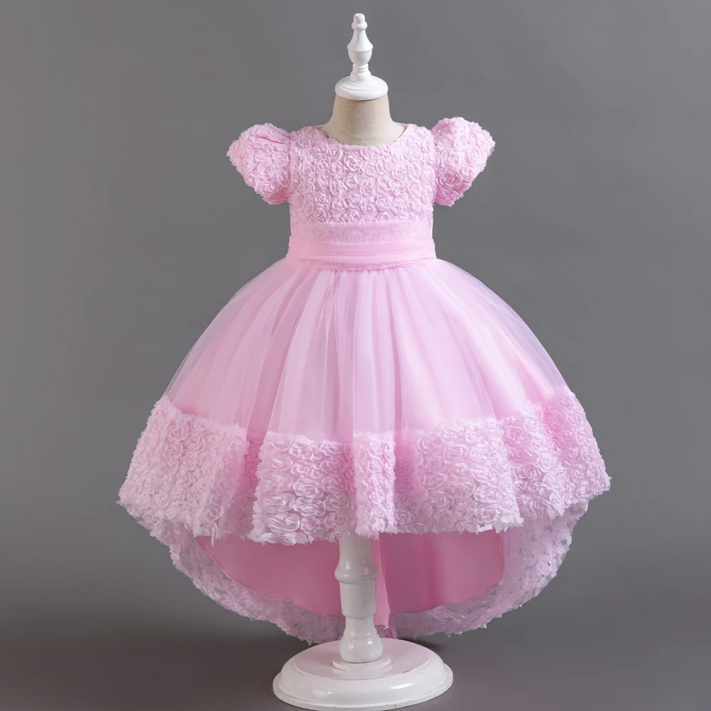 Pink European style flower girl wedding dress for 3 to 12 Year Kids Tail Birthday Party Dress Short sleeved child ball dress