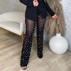 Sheer Mesh Bubble Bead Long Flare Pants Women Sexy See Through Casual Wide Leg Trousers Fashion Nightclub Party Bottoms