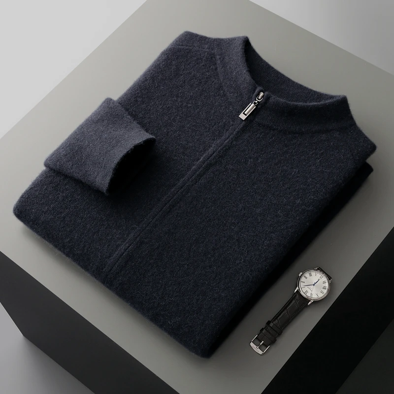 

2025 New Men Knitted Zipper Design Cardigan 100% Pure Wool Sweater Half Height collar Thick Warmth High quality Sports style Top