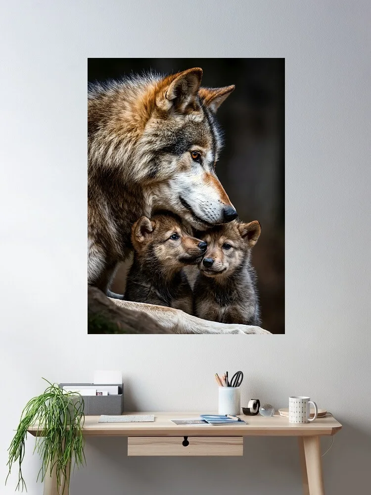 Wolf Family Portrait, Print Art Canvas Poster, For Living Room Decor, Home Wall Picture