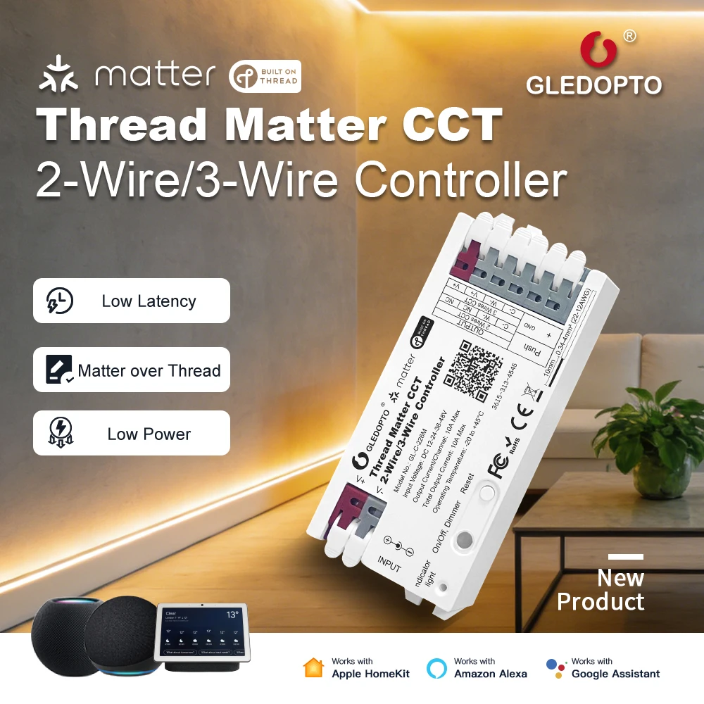 GLEDOPTO Thread Matter CCT PWM Dimmer 10A 750Hz Flicker-Free for 2/3-Wire LED Strips work with Alexa Google HomeKit DC 12-48V view 6