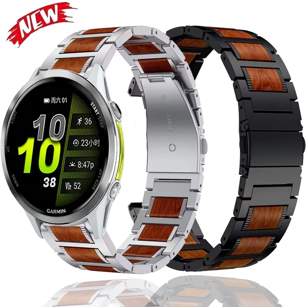 

Металлический ремешок 22 мм с элементами из розового дерева для Garmin Venu 2 3 4 45 мм, браслет из нержавеющей стали для Garmin Forerunner 970 965 265 255 955 570 47 мм