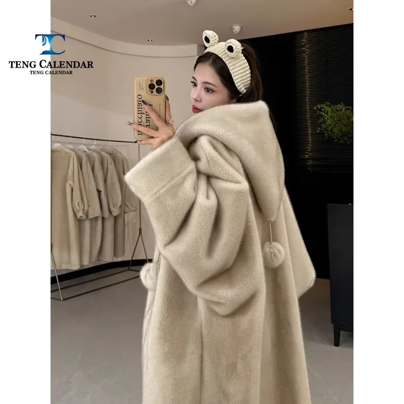 Rabbit Coat, Long Hooded Thickened Fur Ball Imitation Mink Fur Integrated Coat, Women's Autumn and Winter New 2024