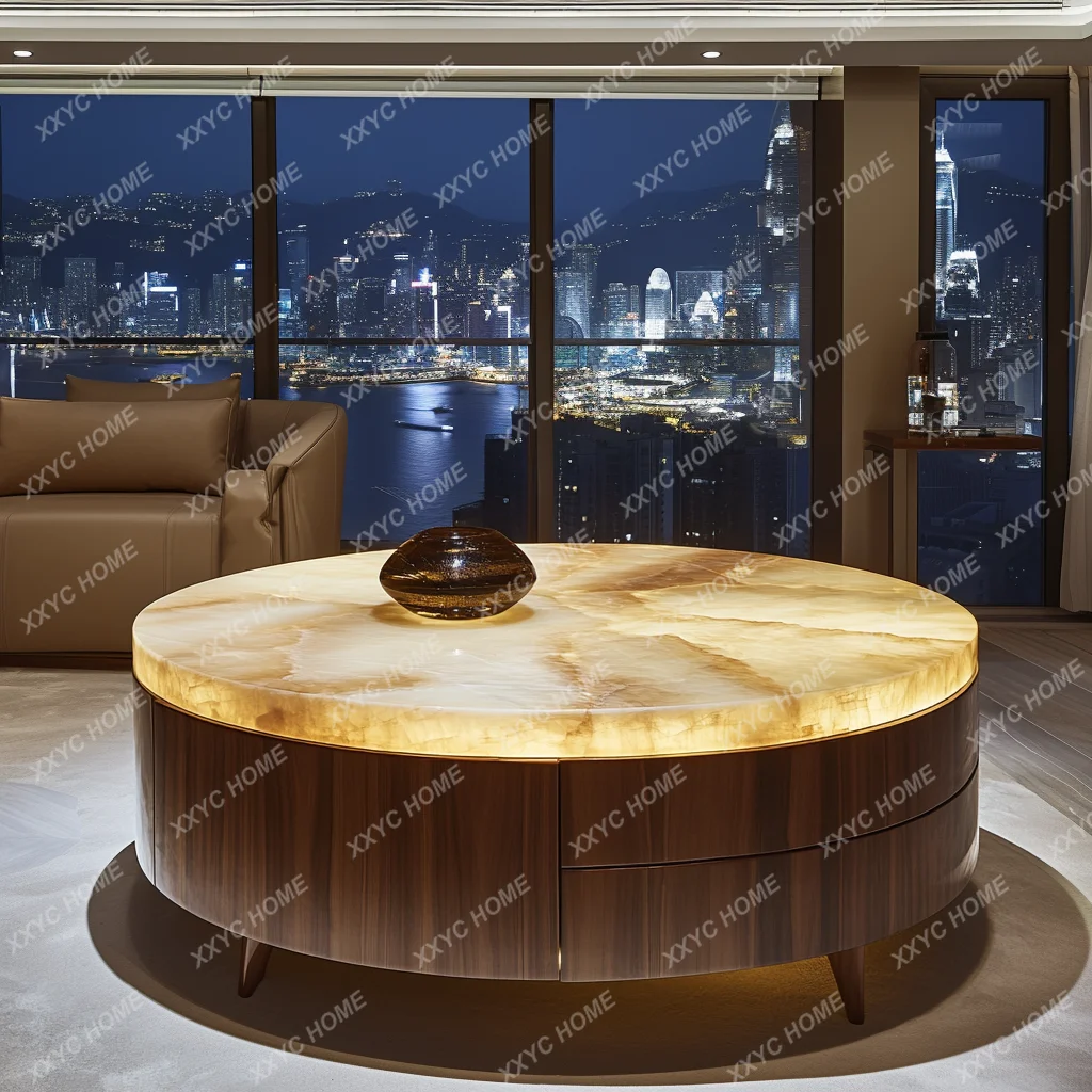 طاولة طعام مضيئة من اليشم، حجر فاخر مستدير من الرخام الطبيعي، طراز فاخر وخفيف الوزن، طاولة طعام لغرفة المعيشة #6