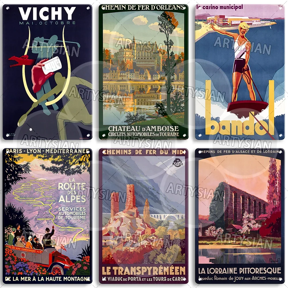 Travel Poster France Metal Sign Côte Basque Grenoble Amboise Castle Blois Castle Vichy Loire Valley Bandol Menton Cordes Tarn