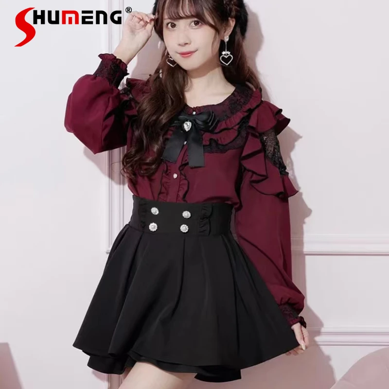 

Japanese Lolita New Blusas Mujer Lace Ruffled Off-the-Shoulder Sweet Mine Long Sleeved Shirt Women's Clothing 4 Colors To Choose