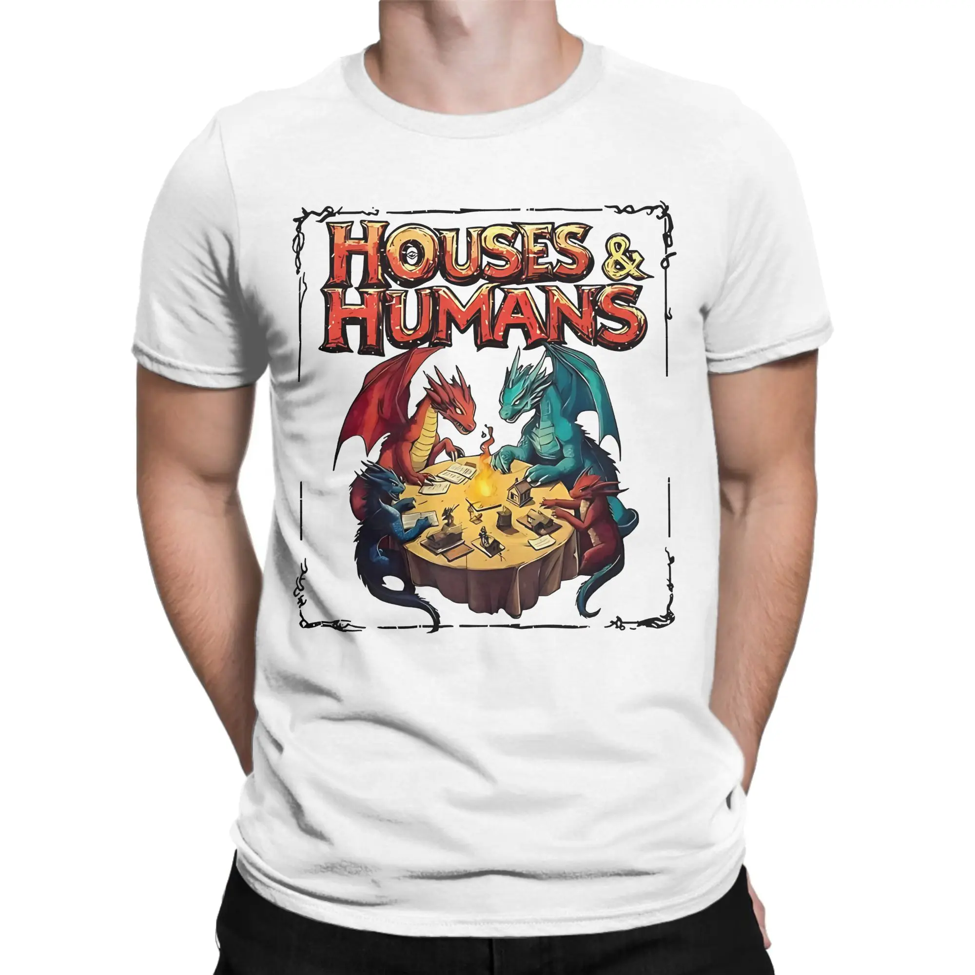 Houses and Humans Joke  T Shirts Pure Cotton Fashion for Male T-Shirt Round Neck DnD Tee Shirt Short Sleeve Tops 4XL 5XL