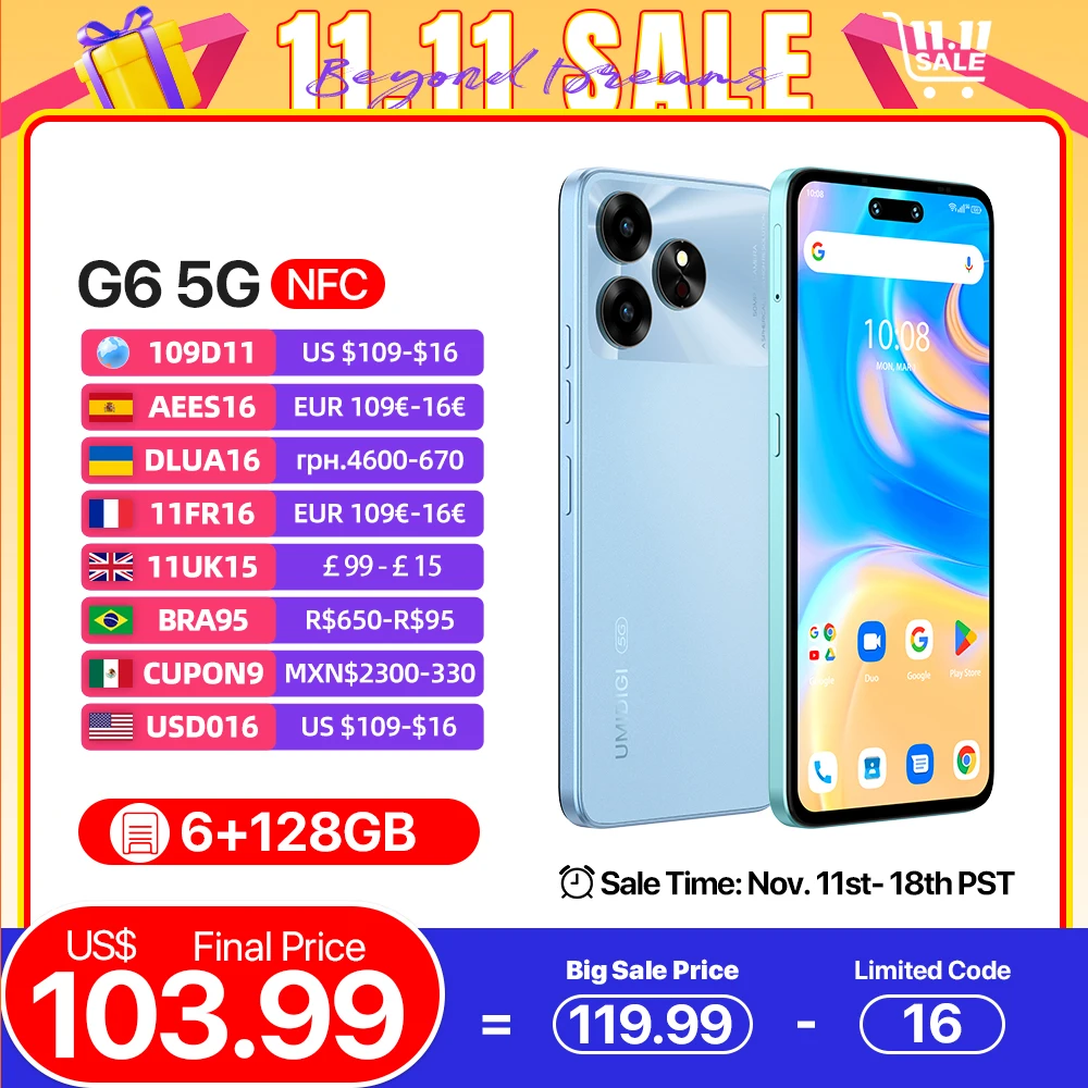 UMIDIGI 울트라 클리어 듀얼 아이 케어 카메라, G6 5G, 안드로이드 13, 디멘션 6100 + NFC 50MP, 6 + 6GB, 128GB, 6.57 인치, 90Hz 대형 