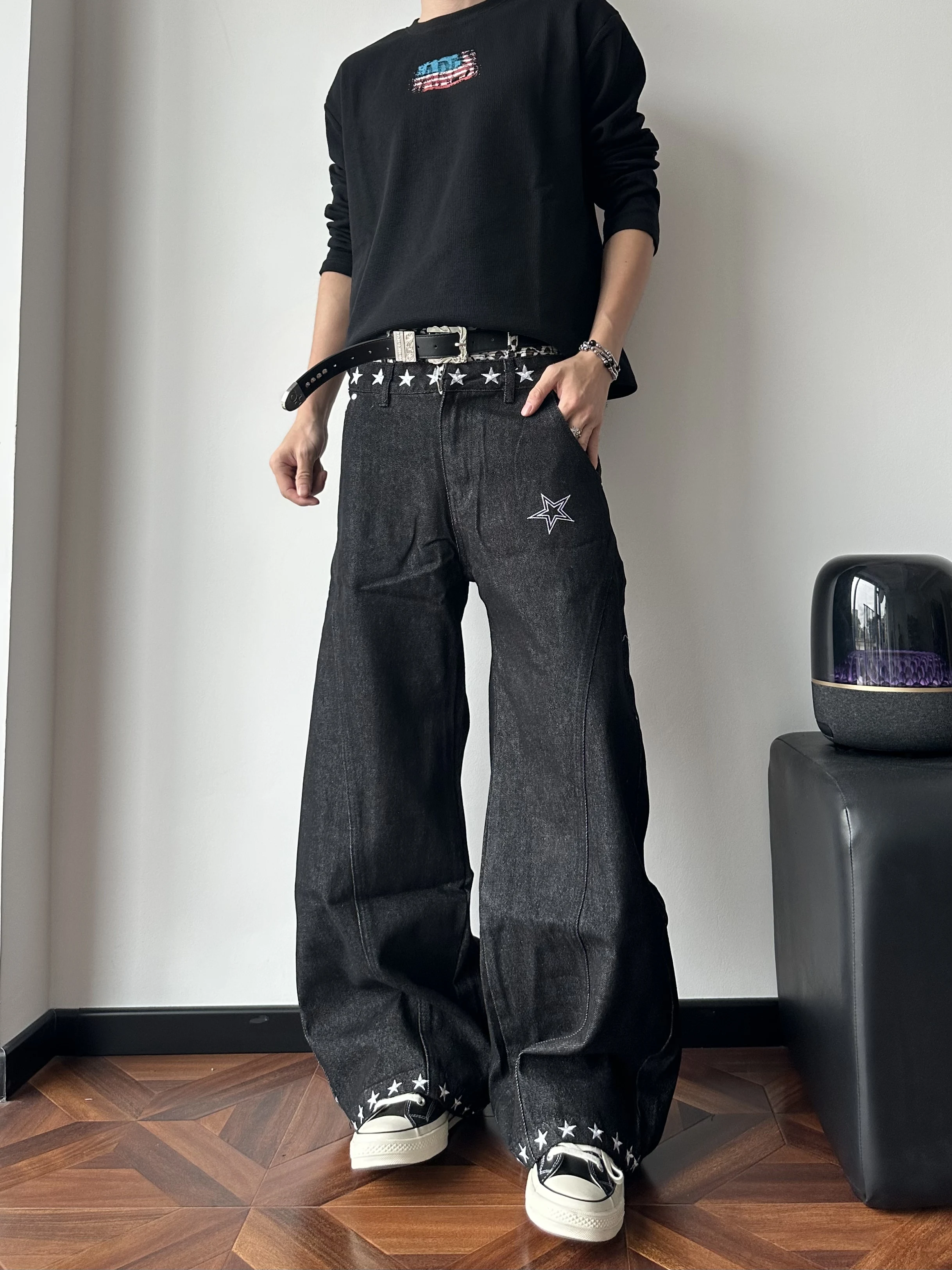 Retro American Street Dark Star Embroidery Leopard Print Double Waist Knife  Loose Wide Leg Jeans Men's Casual Trousers