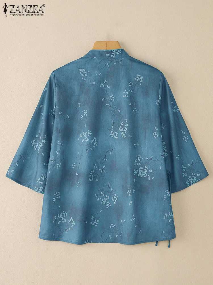 2025ZANZEA Vintage Shirts Herfst Zomer Blouse Vrouwen Half Mouw Bloemen Tops Elegante Stand Hals Werk Shirt Knoppen Blusas Femme
