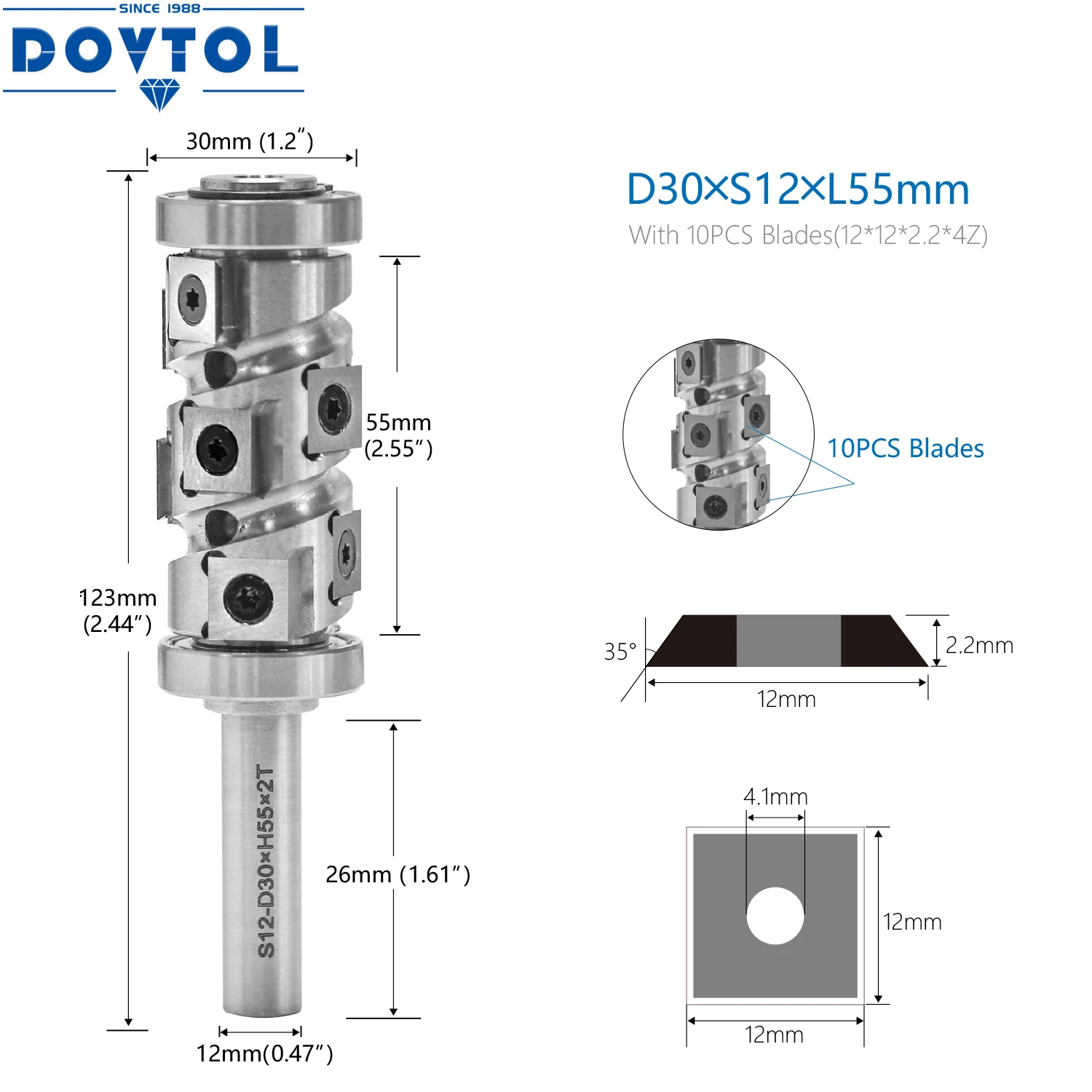 CNC Spiral Cutter Woodworking Trimming End Mill Vertical 12mm 12.7mm Shank Flush Trim Router Bit with 12x12x2.2mm Carbide Cutter