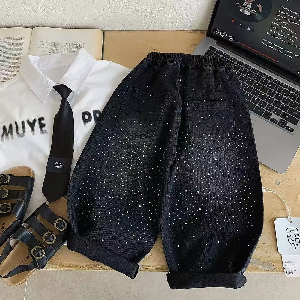 Children's Pants 2026 Spring New Trendy Cool Hot Diamond Denim Casual Pants For Boys And Girls Stylish Curved Knife Pants 2