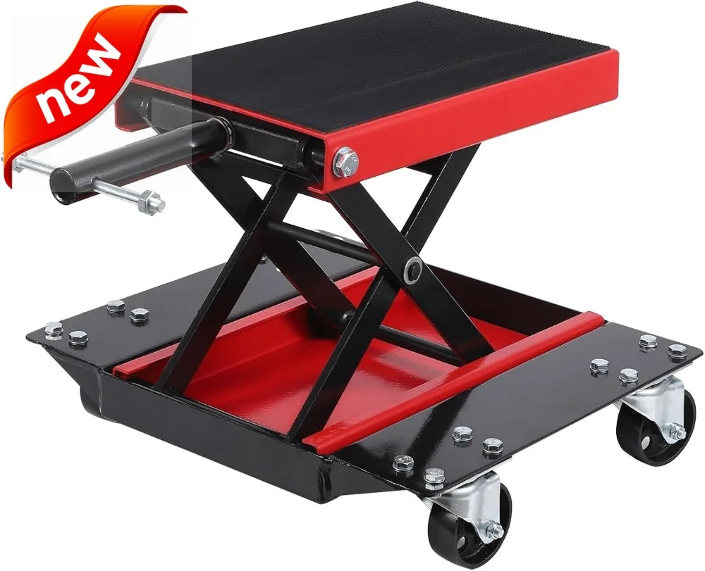 

Motorcycle Scissor Lift Jack 1100 Lbs Capacity, Wide Non-Slip Deck, Folding Storage, Easy Operation with T-Handle