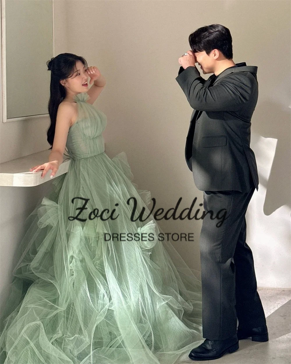 Eleganckie koreańskie suknie wieczorowe Zoci z wysokim dekoltem typu halter, tiulowe, zielone suknie ślubne, szyte na miarę, bez rękawów, koreańskie suknie do sesji zdjęciowych 웨딩드레스