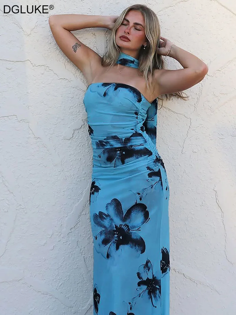 

DGLUKE Elegant Summer Floral Dress Woman Halter Neck Mesh Long Dress Strapless Ruched Bodycon Beach Dress